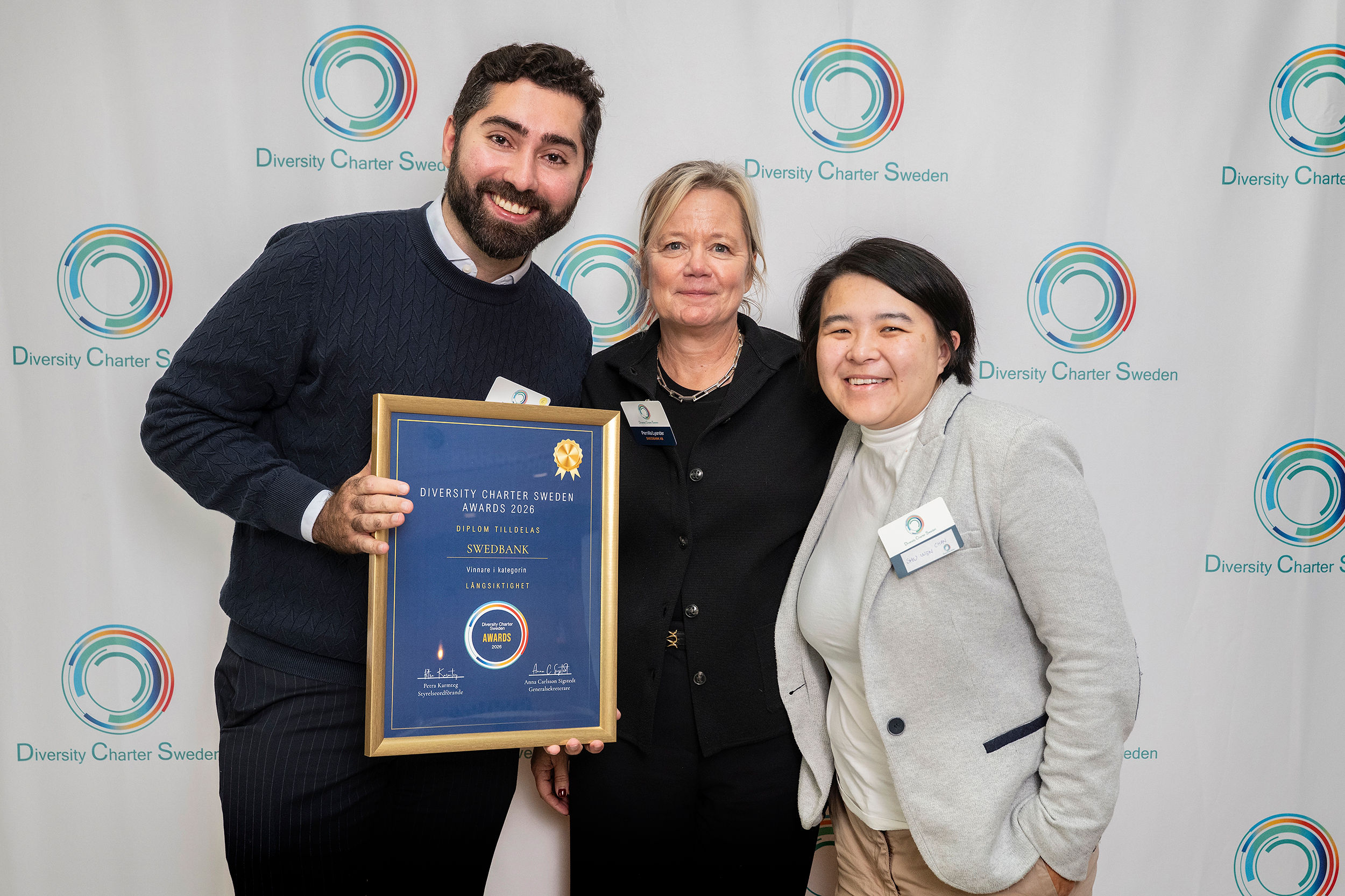 Pictured: Artin Shams, Head of Diversity, Equity and Inclusion, Swedbank; Shu Wen Chan, Group Sustainability and Chair of the Swedbank Rainbow Network; Pernilla Lyander, Head of Engagement and Performance, Swedbank. Photo: Jonas Borg